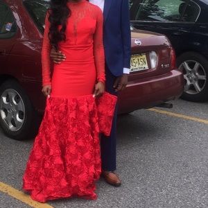 Red Long Sleeve Dress With Roses